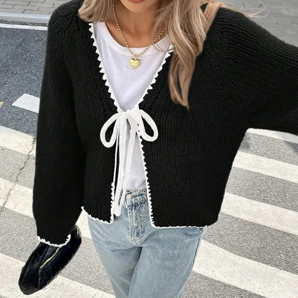 Black Casual Women's Color Block Drawstring Knitted Sweater Cardigan